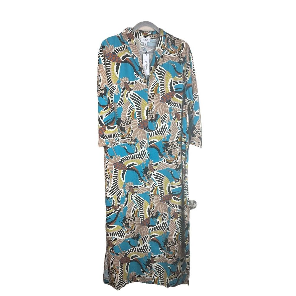 Terea by Andrea Pitter Women's Enamel Blue Crane Print Maxi Straight Dress Lrge1